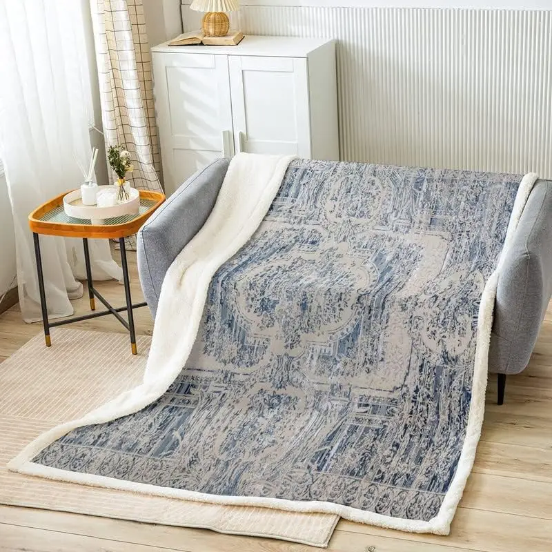 

Vintage Carpet Pattern Sherpa Blanket Kids Retro Style Fleece Throw Blanket Boys Decor Modern Abstract Art Plush Blanket