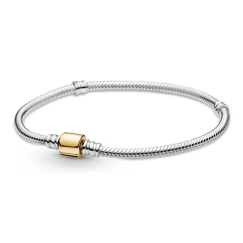 

Authentic 925 Sterling Silver Moments Gold Two-tone Barrel Clasp Snake Chain Bracelet Bangle Fit Bead Charm Diy Fashion Jewelry