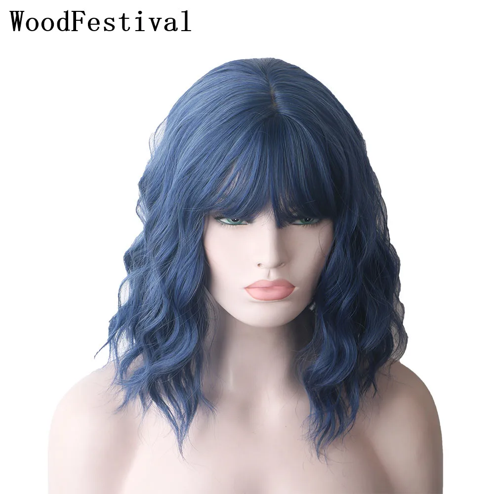 

WoodFestival Curly Synthetic Hair Short Blue Wig With Bangs Bob Women Cosplay Wigs Ombre High Temperature Fiber Ladies