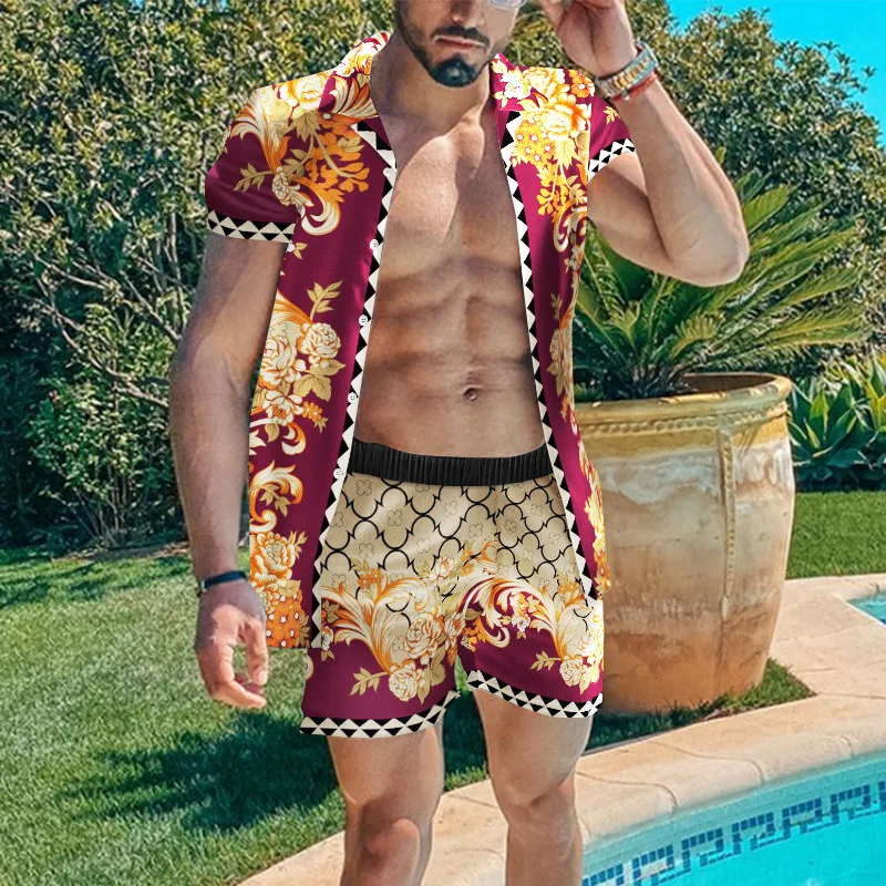

Костюм мужской спортивный из 2 предметов, гавайская пляжная одежда, короткий рукав, кардиган, рубашка и шорты, повседневный костюм, лето