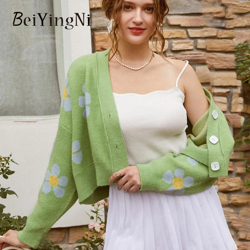 

Beiyingni Women Knitting Sweater Button Up Floral Printed V-neck Lon Sleeve Short Ladies Cardigan 2022 Casual Vintage Loose Tops
