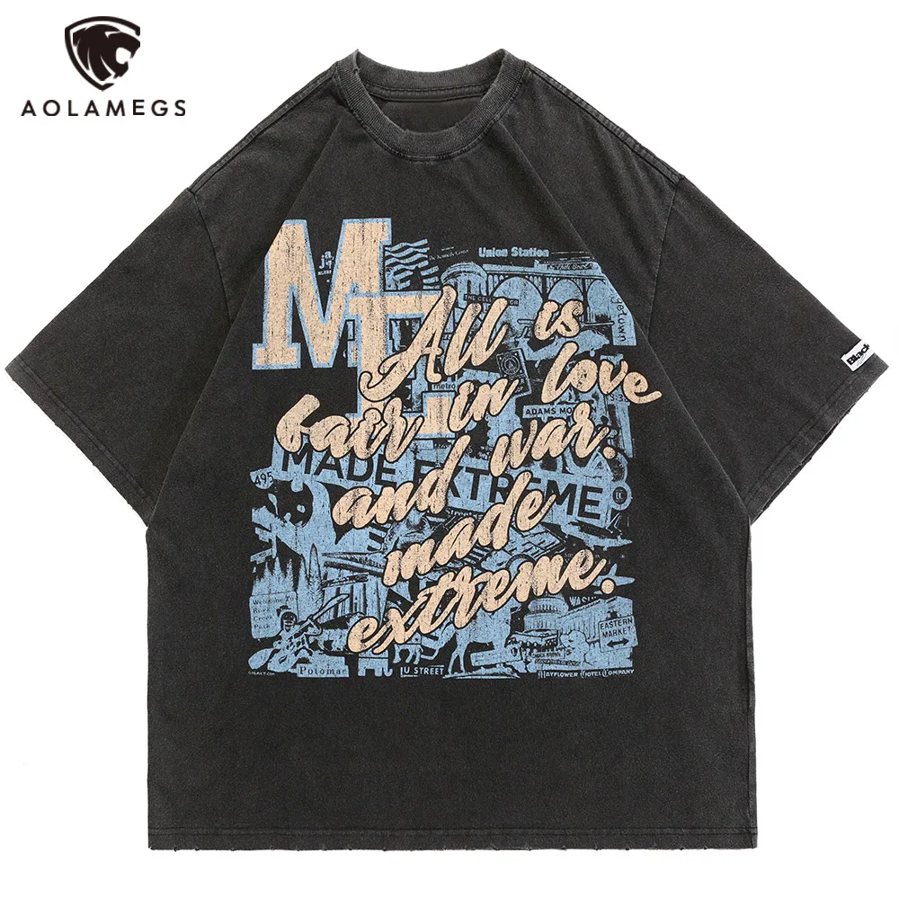 

Aolamegs Distressed T-shirt Men Ancient Building Letter Graffiti Print College Style Hip Hop Harajuku Streetwear Summer Tee Tops
