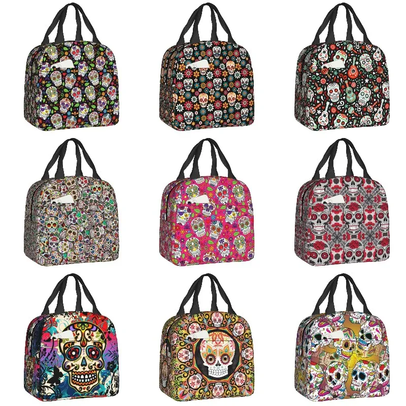 

Sugar Skull Flower Black Pattern Insulated Lunch Tote Bag Mexican Day of the Dead Resuable Thermal Cooler Bento Box Travel