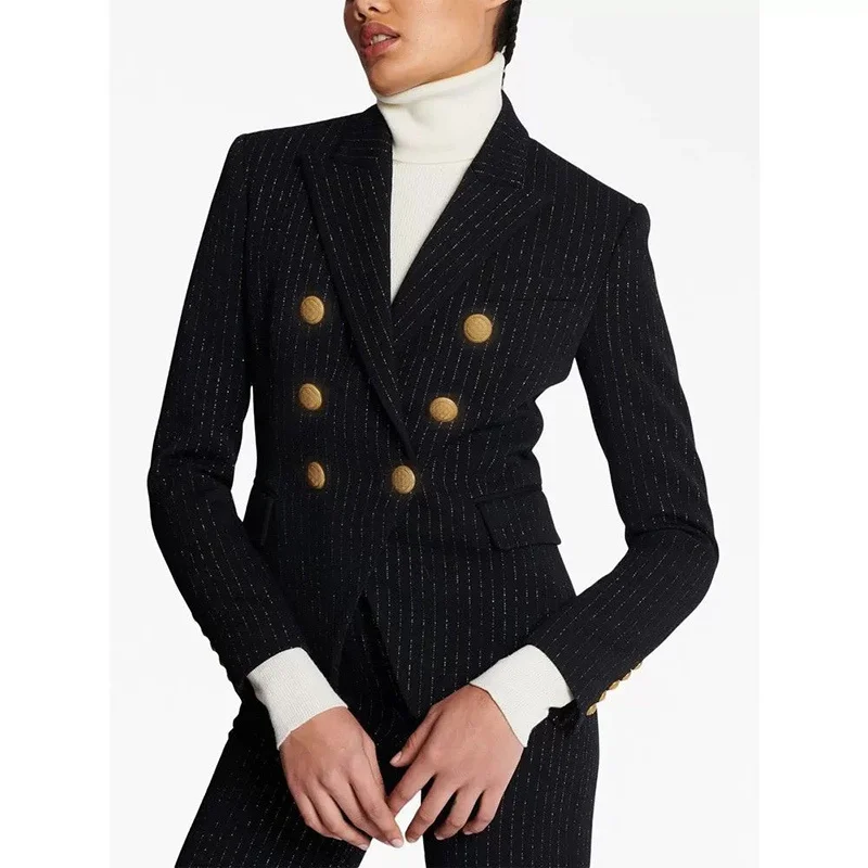 

2023 Early Autumn Designer Metallic Pinstripe Double-breasted Suit Jacket Women Fashion Retro Elegant Long Sleeve Waist Blazers