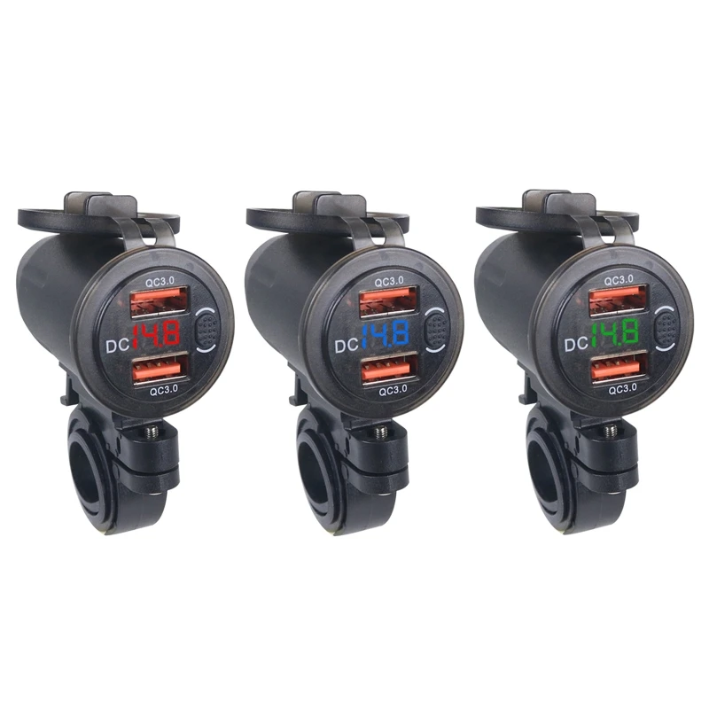 

12V/24V Motorcycle Phone Charger USB Waterproof Dual QC3.0 USB Fast Charging with Voltmeter ON/Off Switch for Phone Tablet