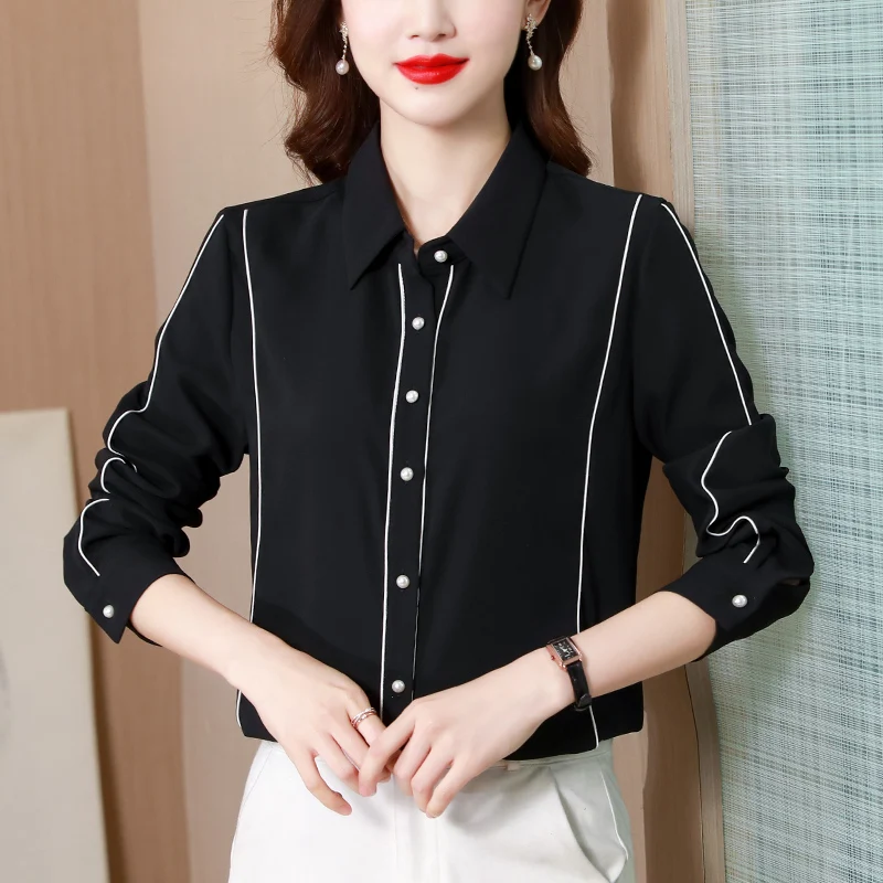 

Chiffon Women Shirt Long Sleeve Blouse Loose Summer Fashion Button Solid Casual Tops Houthion