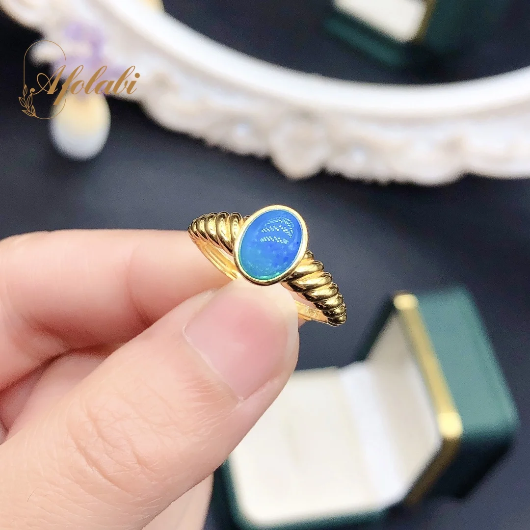 

Кольцо с голубым натуральным опалом, подарок на день рождения, модные простые ювелирные украшения из стерлингового серебра 925 пробы, драгоценный камень 6*8 мм