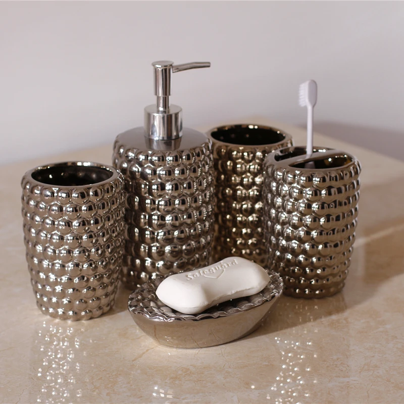 Silver Beads Bathroom Sets Ceranuc Toothbrush Holder Lotion Dispenser Mouthcups Soap Dish Washroom Kit Toilet(Not Include Soap)