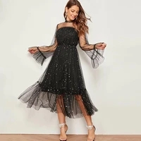 high neck tulle long prom dress full illusion ruffled ruched sleeve evening dresses for women tea length sequined party gowns