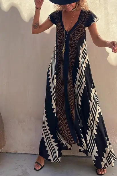 

Summer Sexy Retro Printed Dresses for Women 2023 Fashion New Female Vintage Vacation Bohemian Beach Maxi Dress