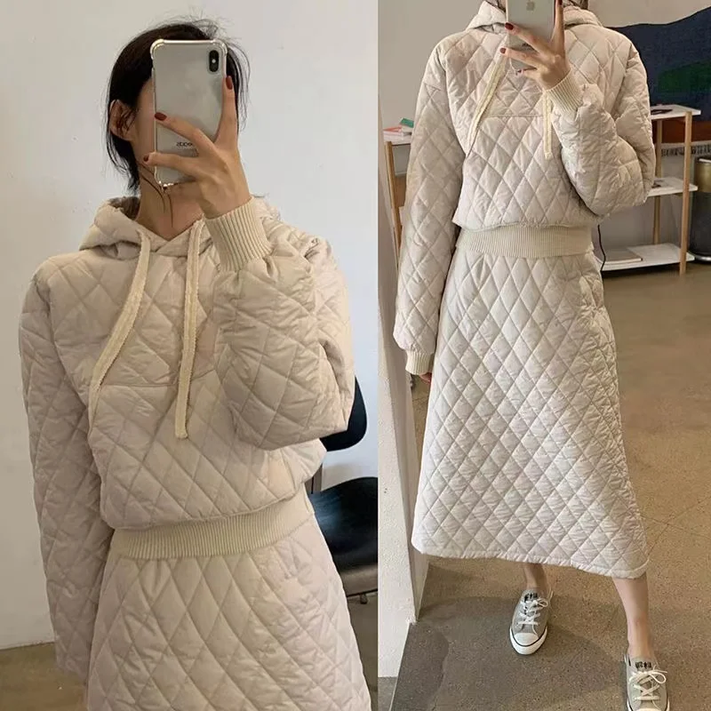 Autumn and Winter Fashion Lingge Hooded Cotton Dress Suit A-line Cotton Skirt Warm Hooded Cotton Top Two-piece Set