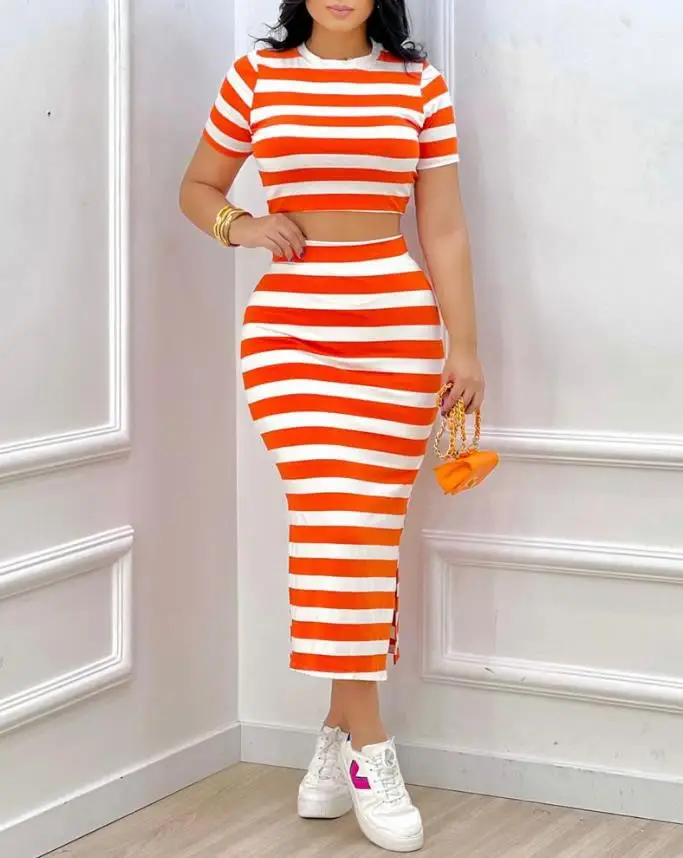 Women Sexy Two-Piece Clothes Set Summer Fashion Women's Suit Striped Print Crop Top and High Waist Split Hem Skirt Skirt