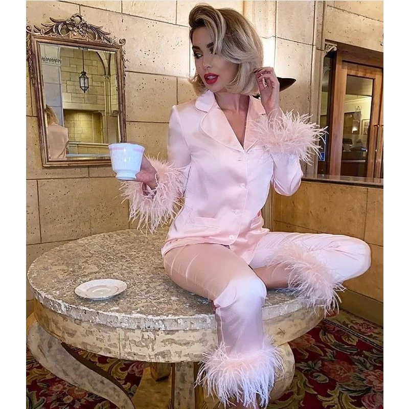 QWEEK Two Piece Pajamas Women Feather Detail Lounge Set Female Autumn Long Sleeve Pijamas Solid Pyjamas Casual Sleepwear Suit