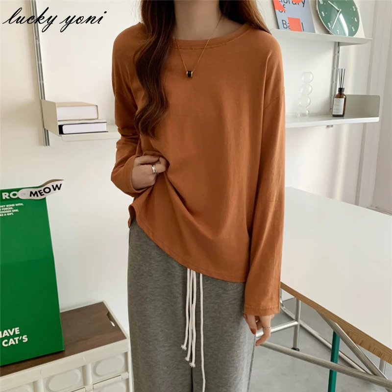 

Yoni Spring Solid Basic T Shirt Women Casual Loose O-neck Long Sleeve Tees Female Korean All-match Cotton Black Tops for Girls