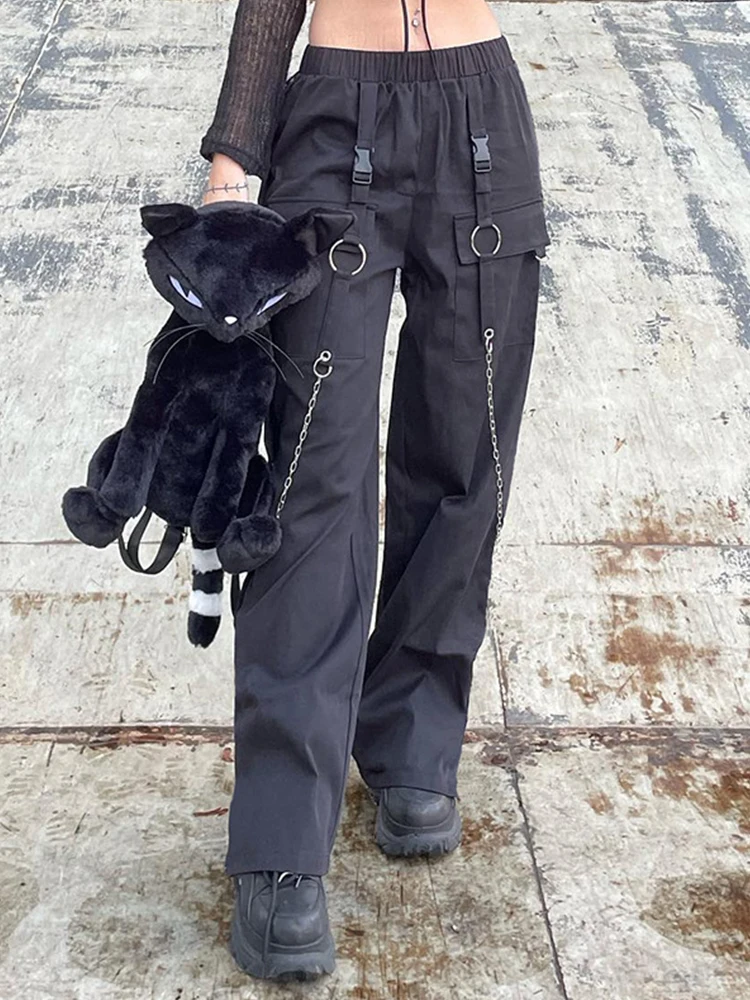 

Women Cargo Pants Gothic Harem Pants Fashion Punk Pockets Jogger Trousers With Chain Harajuku Elastics High Waist Streetwear