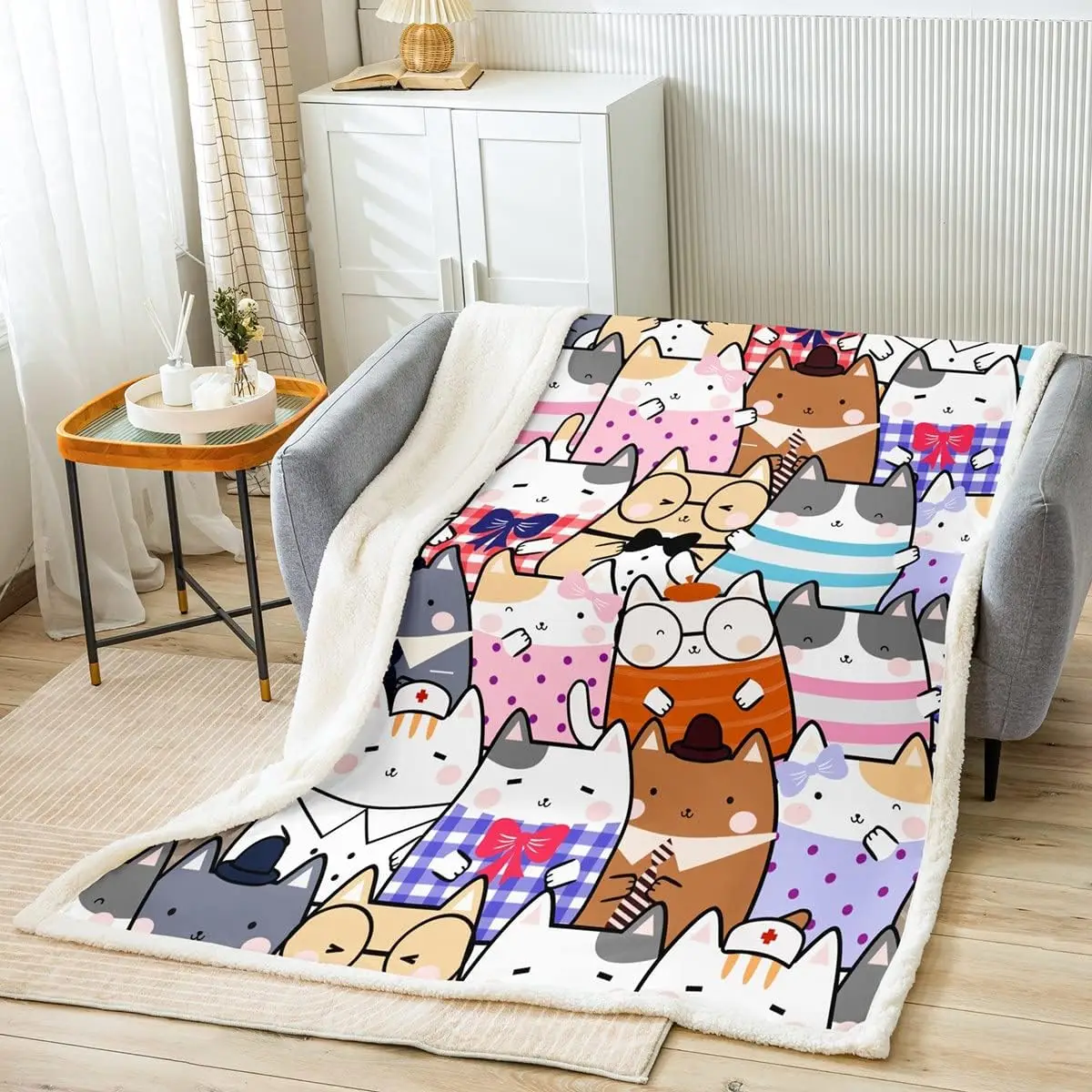 

Cartoon Cats Fuzzy Blanket Cute Kitten Sherpa Blanket Kawaii Animal Fleece Throw Blanket for Kids Adults Cat Lover's