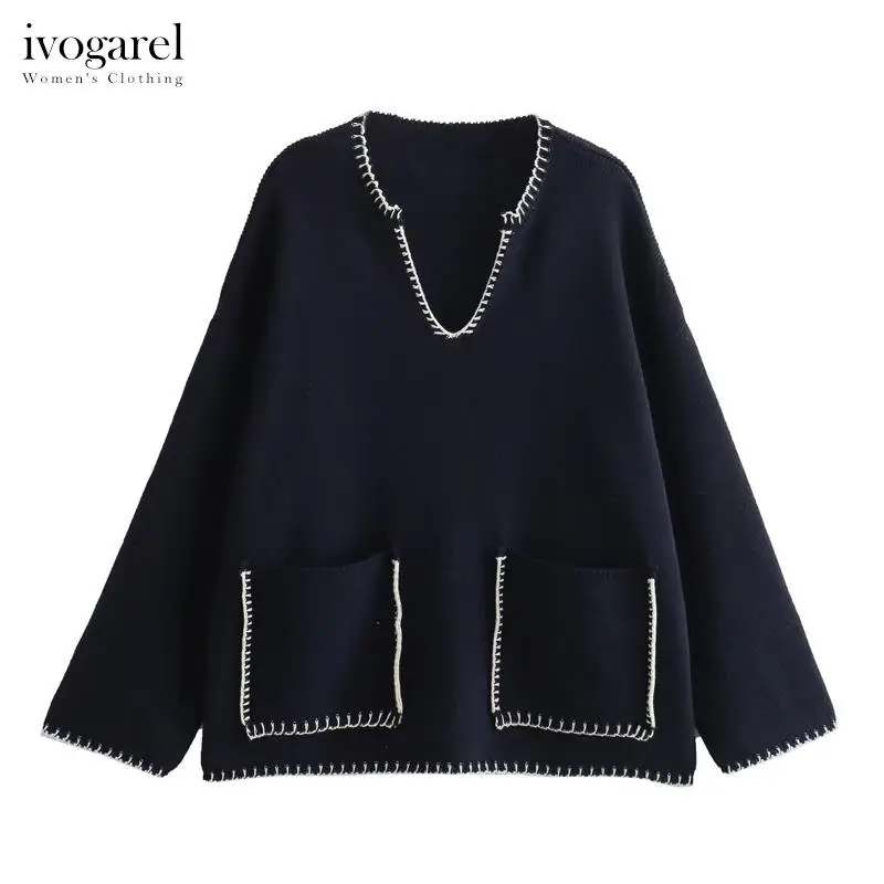 

Ivogarel Women's Knit Sweater with Topstitching Chic Female Casual Loose Autumn Winter Pullover Sweater Top