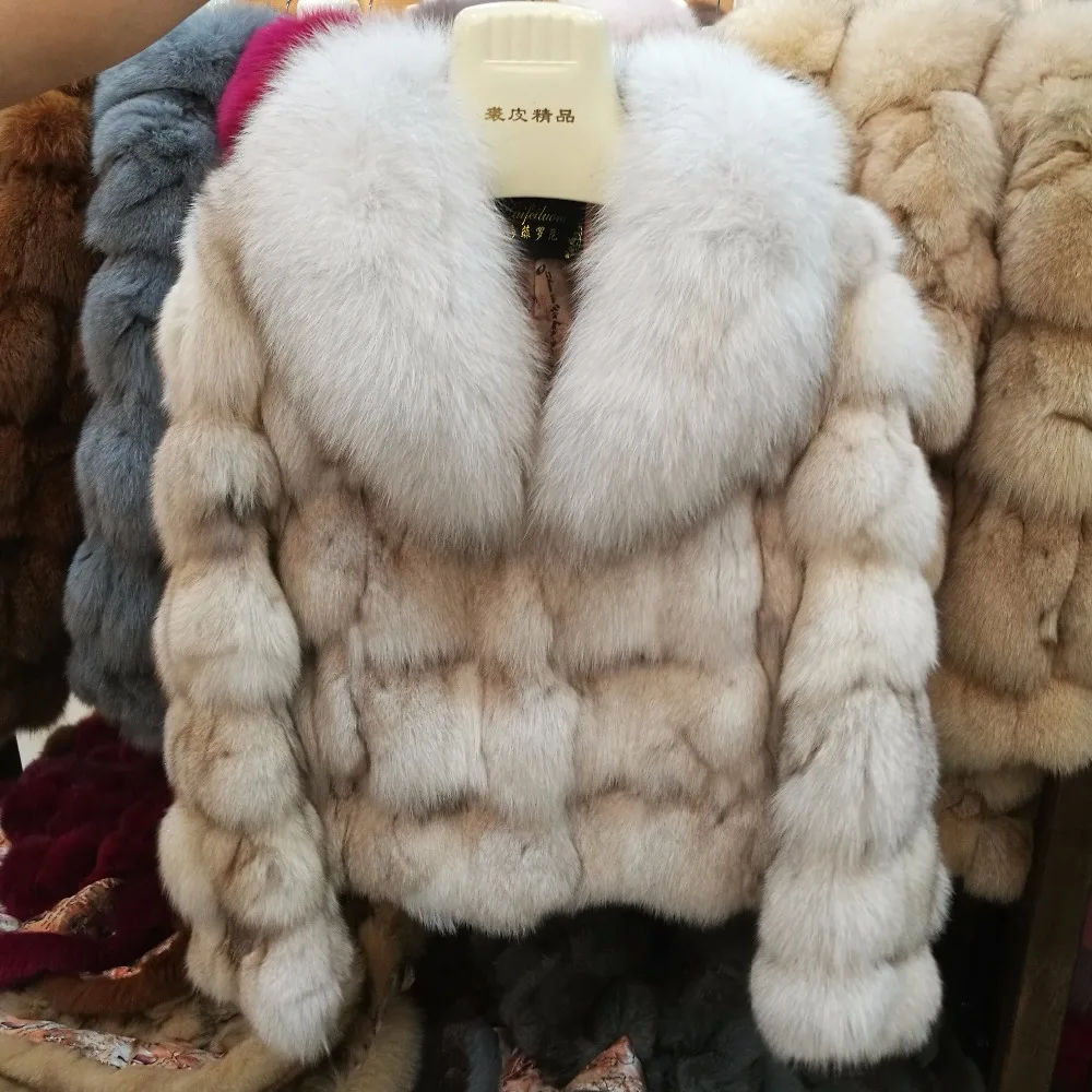 Luxury Genuine Real Fox Fur Jackets & Coats With Fox Fur Collar For Ladies Short Warm Thicken Fur Outerwear In Fur Garments