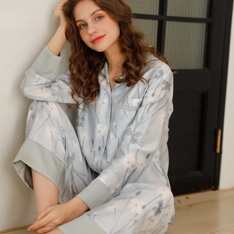 

Viscose Cotton Floral Sleepwear Women Printing Pijama Suits Long-Sleeved Homewear Pajamas Pijama Women's Women Trouser