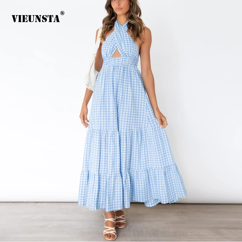 

Женские летние сексуальные облегающие платья с открытой спиной, элегантные темпераментные клетчатые длинные платья на шнуровке с лямкой на шее, платье XXL, 2022