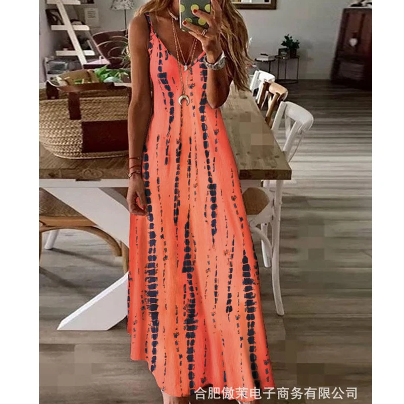 

Wepbel Women Summer Dress Sleeveless Spaghetti Strap Tie-Dye Printed Long Dress Sexy Low Cut Big Swing Beachwear Dress