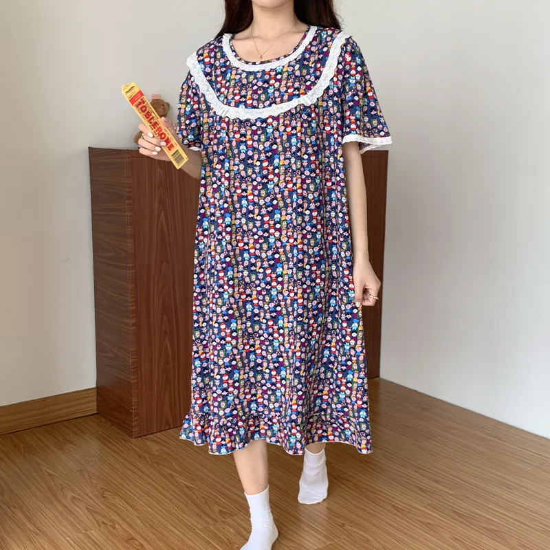 Short Sleeve Nightgown Women Sleepwear Round Neck Homewear Sleep Dress Home Clothing Cotton Loungewear Printing Pajamas