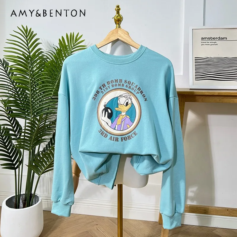 

Korean New Top Hoodies Autumn Winter Cartoon Printed O-Neck Terry Cotton Sky Blue Sweatshirts Women's Wide Pullovers Y2k Clothes