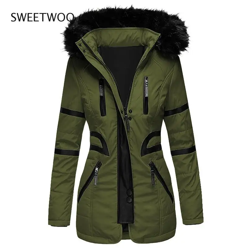 Spring Autumn Jacket Ladies Parka Coat Fur Collar Jacket Slim Zipper Hooded Jacket Female Solid Color Jacket Large Size Tide