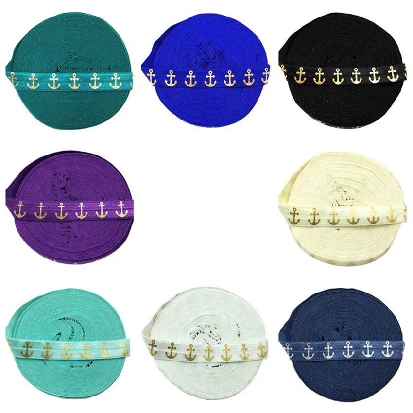 

7colors 5Yards 16mm Gold Foil Anchor Print Hair Elastic Ribbon FOE For Sewing Accessories DIY Hair Ties