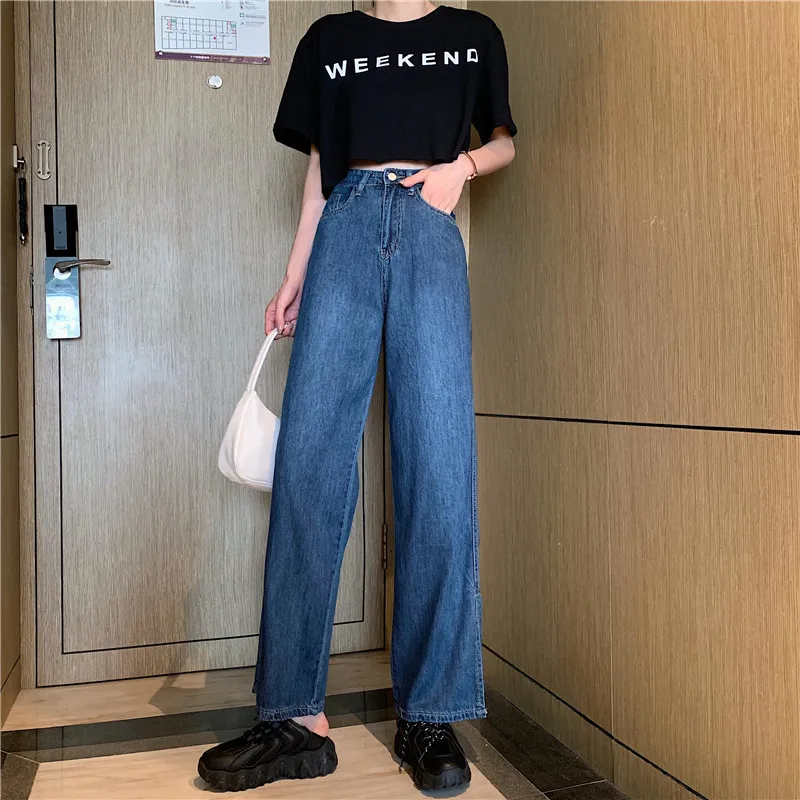 N0476   New style split jeans loose and thin high-waisted straight wide-leg pants jeans