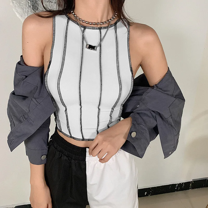 

Casual Fashion High Street Striped Tan Top Fashion Sexy Chic Wild Sleeveless Round Neck Slim Vest Summer Clothes for Women 2023
