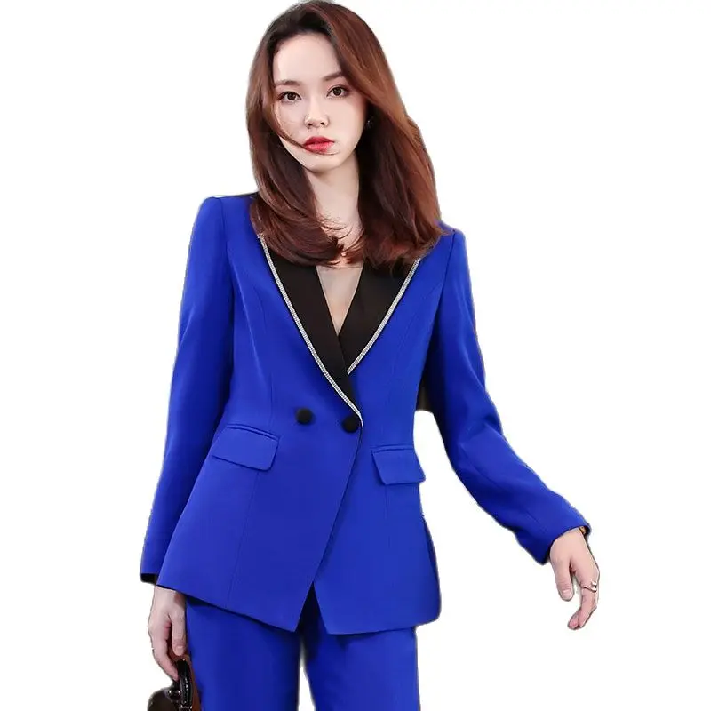 Lenshin High Quality 2 Piece Set Contrast Formal Pant Suit Blazer Office Lady Uniform Designs Women Business Jacket and trousers