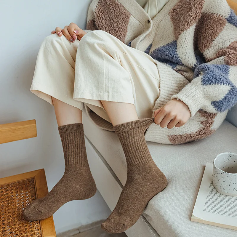 

Wool Socks Women's Mid-tube Socks Autumn and Winter Models Thickened Plus Velvet Japanese Solid Color Winter Pile Socks Women