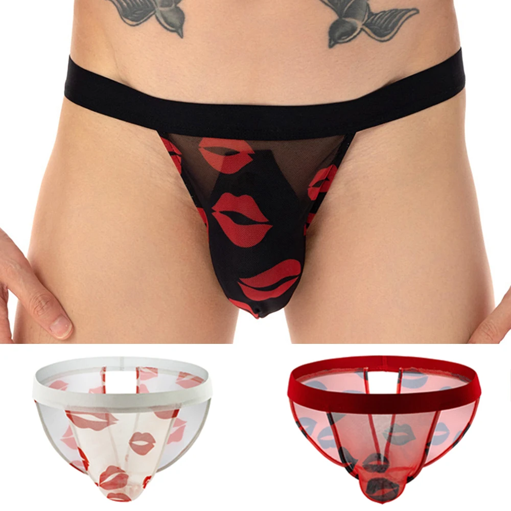 

Men's Panties Sexy Open Back Briefs Mesh Bikini Brief Lip Print See-Through Panties Bulge Pouch Thongs Ultra Thin Underwear 2022