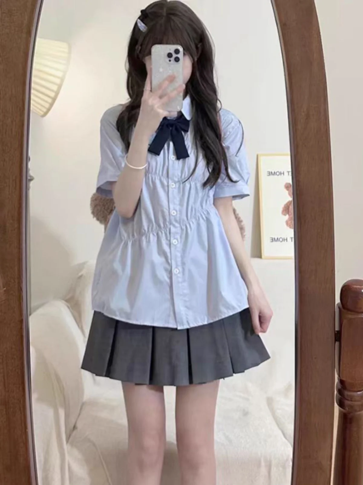 Preppy Blue Shirts Women Jk Uniform Set Summer Short sleeve Korean Series Pleat Shirt Top Design Sense