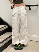 white big pockets cargo pants y2k prepply cute summer ruched split pants tie up sweatpants women streetwear joggers