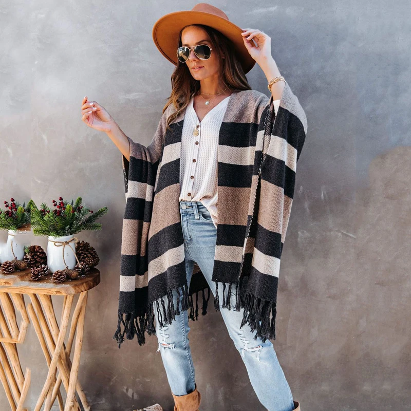 

AYUALIN Boho Loose Casual Sweaters Maxi Striped Cardigan Sweaters for Women Vintage Long Sleeve Autumn Tassel Cardigans 2022