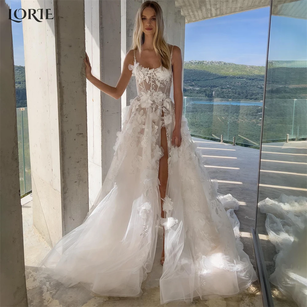 

LORIE Fairy Lace Wedding Dresses Spaghetti Straps A-Line Appliques 3D Flowers Bridal Gowns High Side Slit Backless Bride Dress