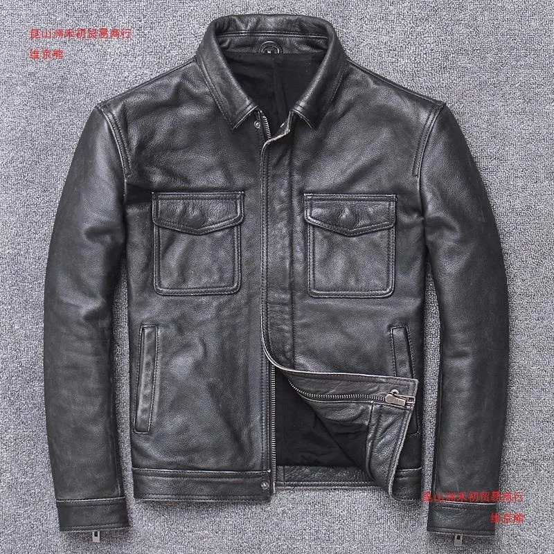 

May Khaki top layer cowhide high-end retro stone ground made old leather clothes men's short slim-fit motorcycle leather jacket
