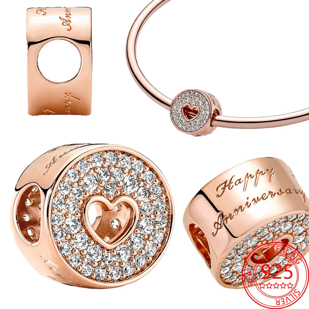 

Sparkling Rose Gold Round Cutout Pavé & Heart Anniversary Charm Fit Brand Bracelet 925 Sterling Silver Jewelry Graduation