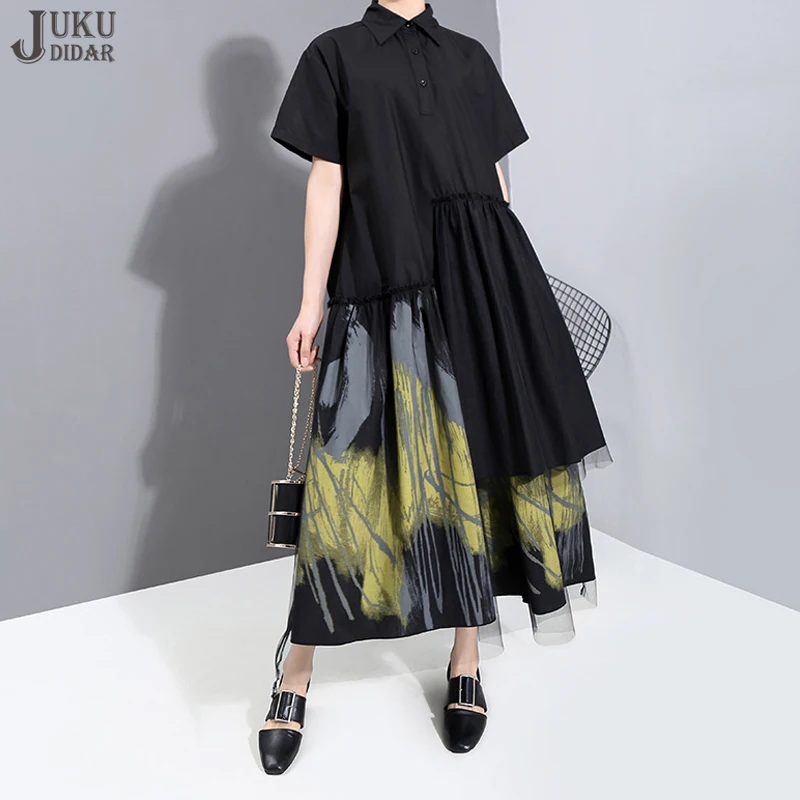 

Женское платье-рубашка свободного кроя, повседневное длинное черное платье с винтажным принтом в японском стиле, уличная одежда для отдыха,...
