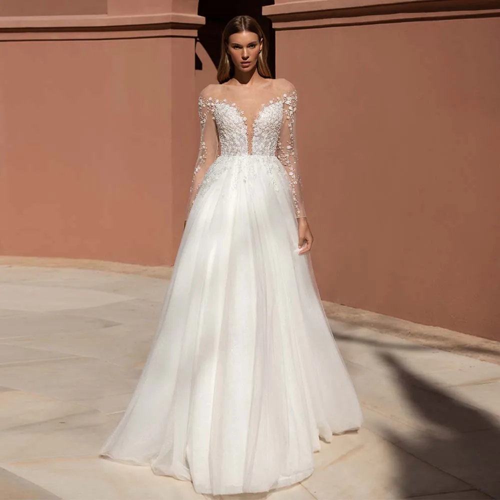 

Elegant Wedding Dresses Deep V-Neck Lace Appliques Beaded Bride Dress 2022 New Illusion Back Button Tulle Bridal Gown For Women