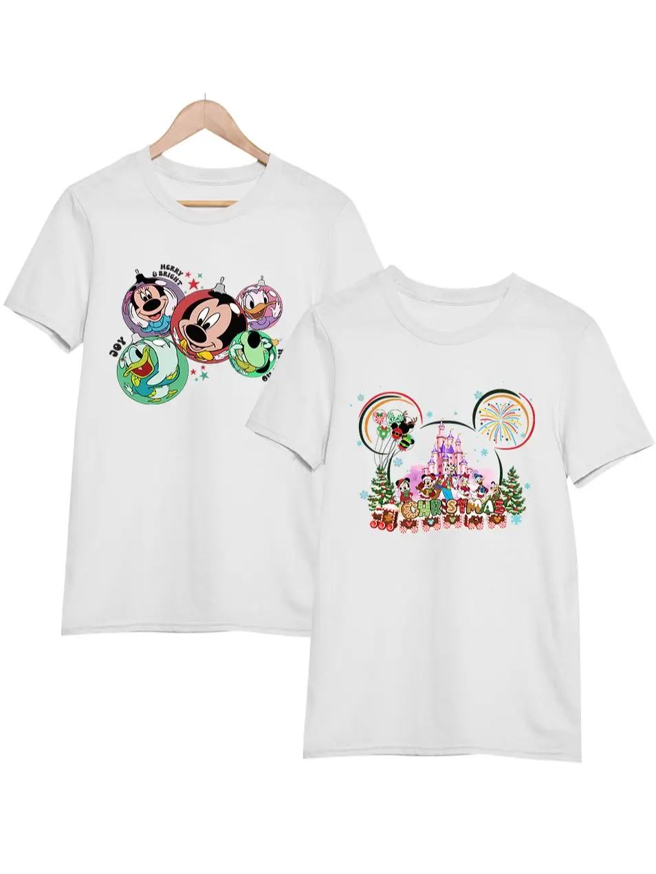 

2pcs / lot White T Shirt Women Casual Tee Shirts Harajuku Merry Christmas Tops Disney Mickey Minnie Donald Duck Daisy Clothings