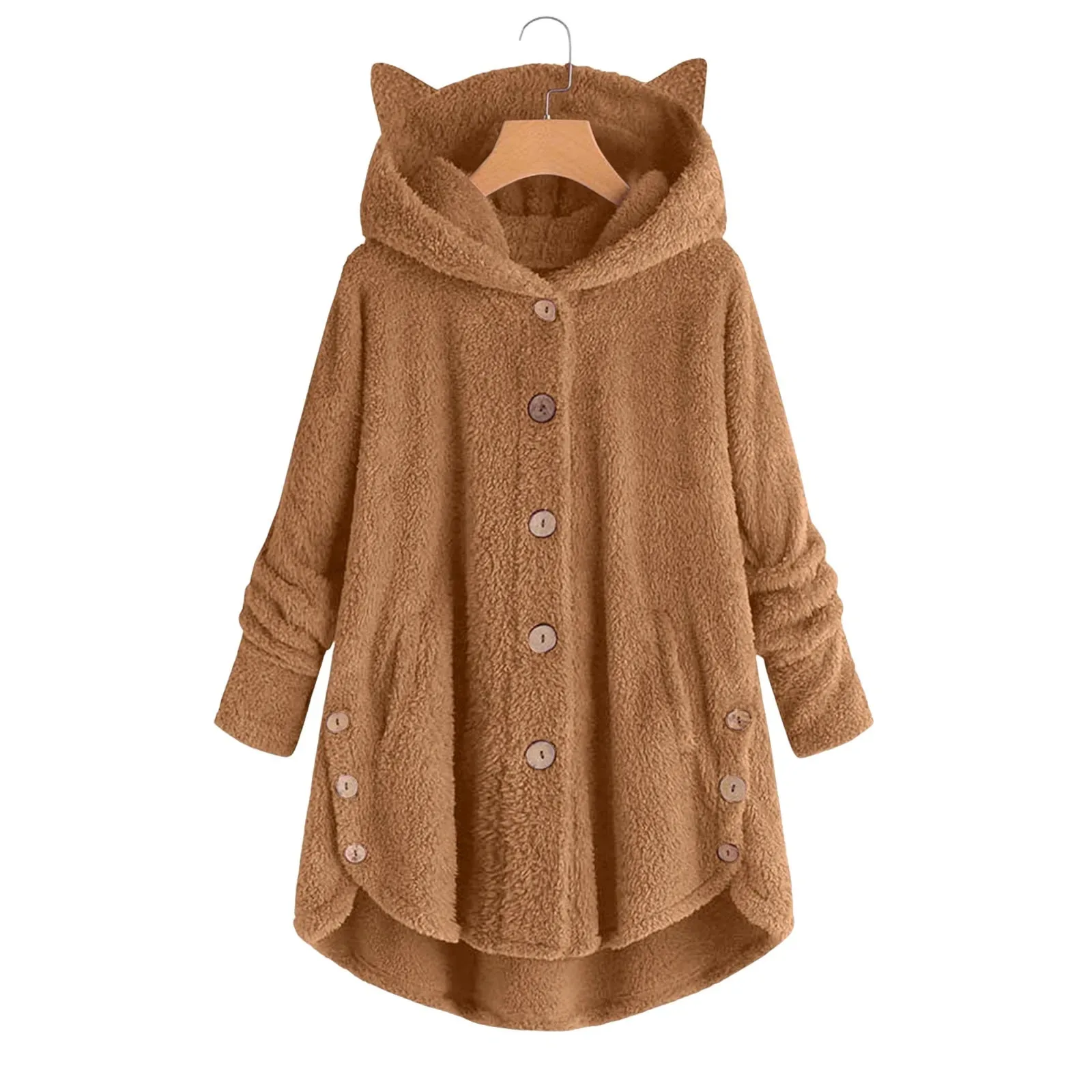 

Женское зимнее пальто, бархатная спортивная зимняя куртка с капюшоном с кошачьими ушками и асимметричным подолом на пуговицах, флисовое пальто, рождественский подарок, 2023