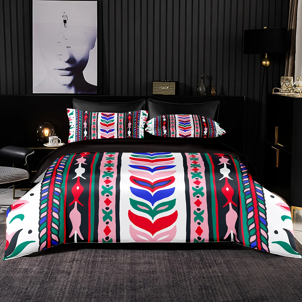 

Retro Strip Bedding Set 2-3pcs,Vintage Leaf Twill and Fish Duvet Cover,1-2 Pillowcases for Black White Pink Green Queen King Set