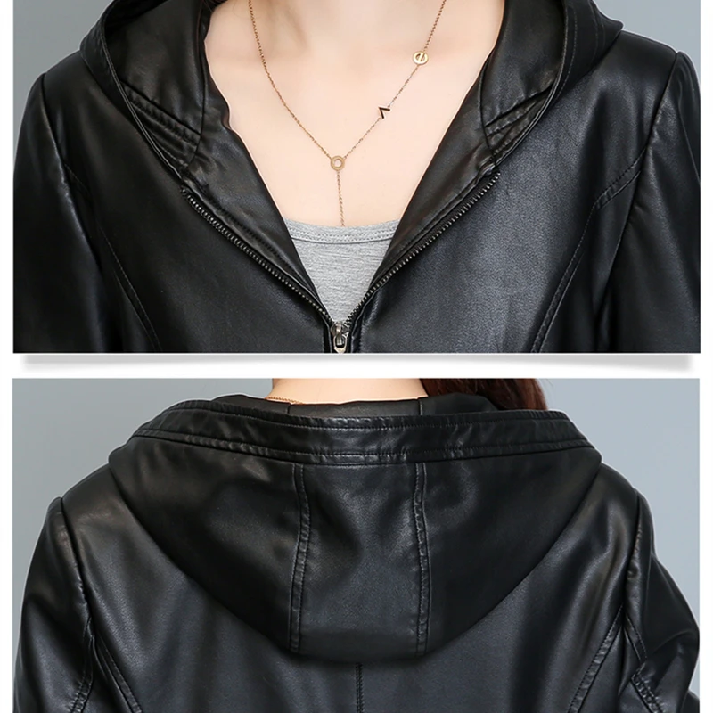 Women's Walker Mid-Length Leather Coat Office Casual Faux Leather Blazer Jackets Loose Suit Fit with Hood