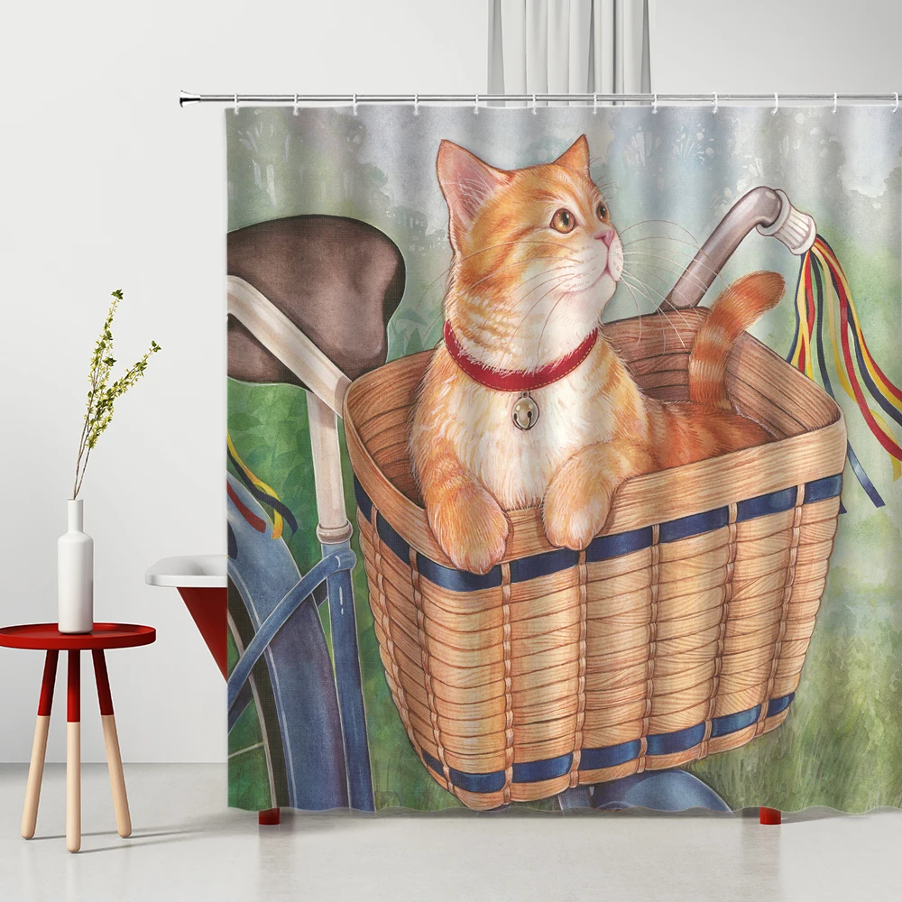 

Cute Cat Shower Curtains Pet Sunflower Flowers Pattern Fabric Waterproof Polyester Bath Curtain Home Decoration Cortina De Baño
