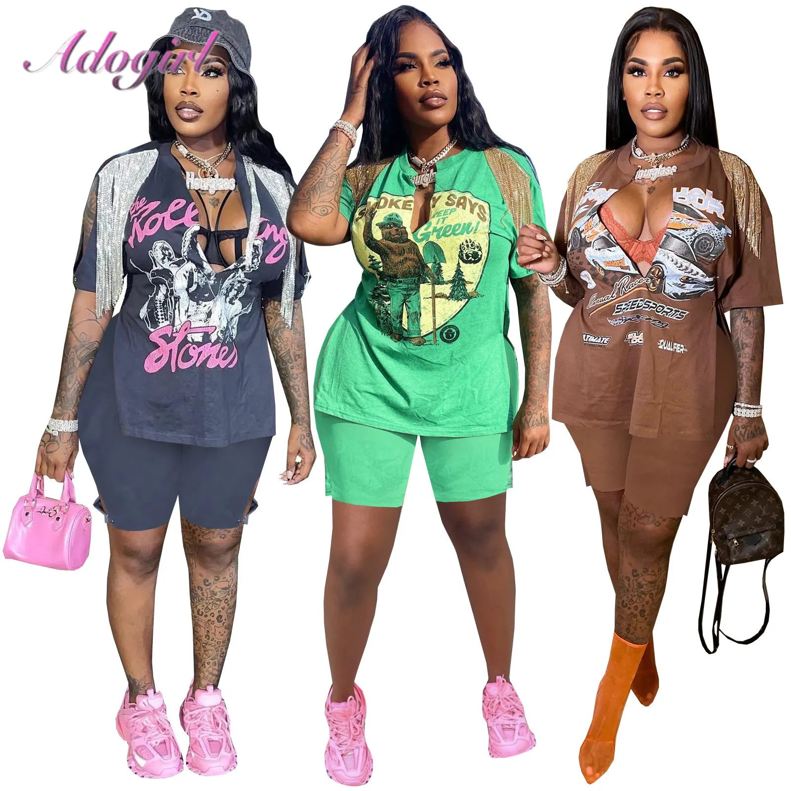 Women Summer Two Piece Sets Outfit Shorts Set 2022 Casual Cartoon Print Tassel T-Shirt Crop Top Biker Pants Streetwear Tracksuit