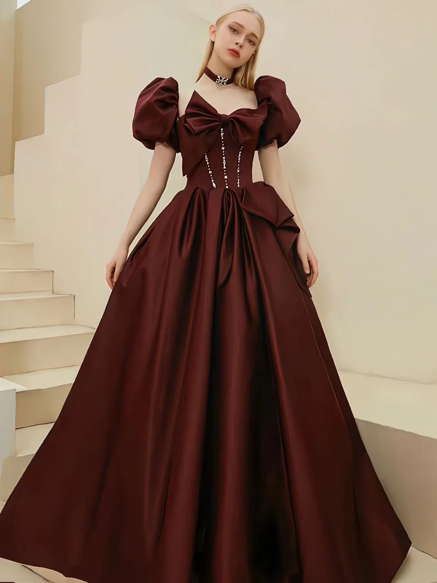 

Dark Burgundy Satin Bridesmaid Dresses Puff Sleeve A-Line Bow Crystal Wedding Party Princess Celebrity Prom Evening Gowns