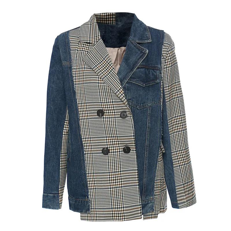 Women Denim Plaid Big Size Irregular Blazer New Lapel Long Sleeve Loose Fit Jacket Fashion Spring Autumn